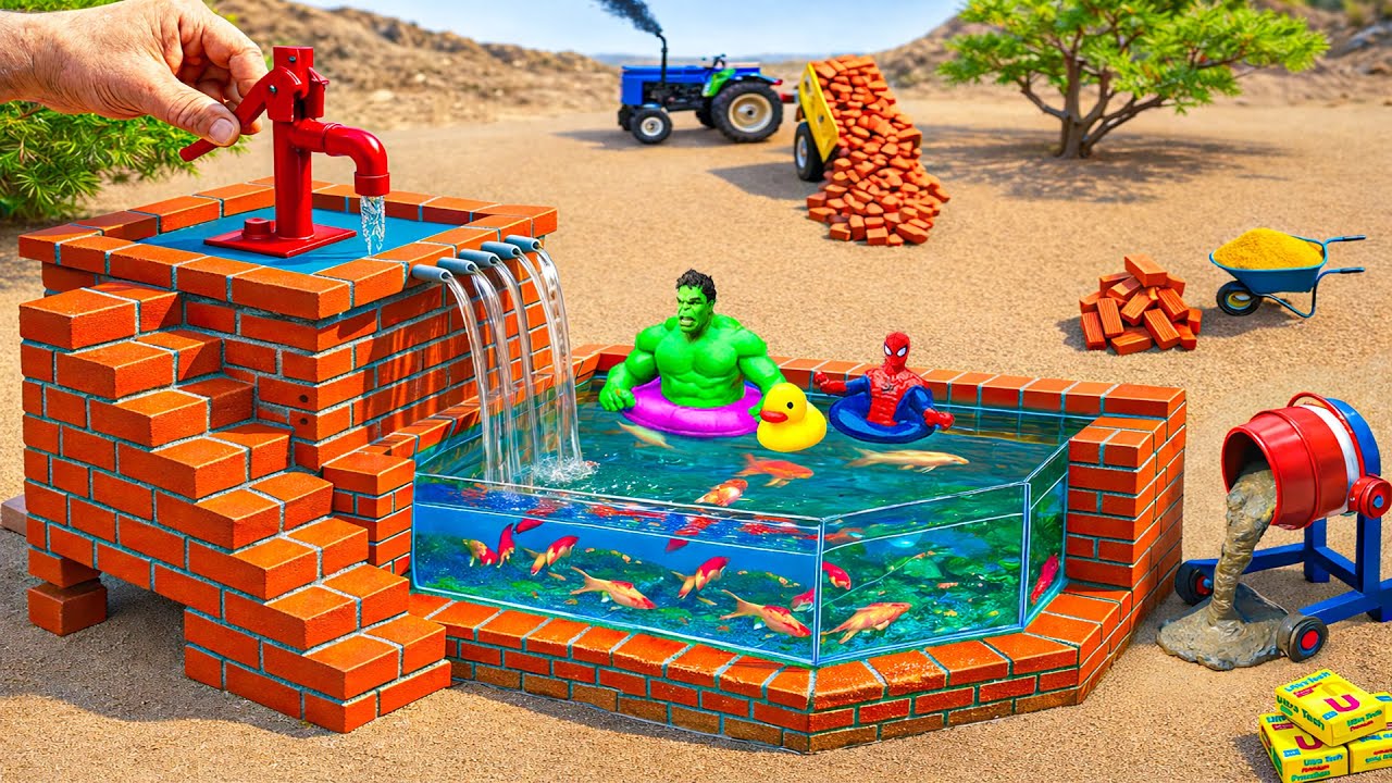 DIY Construction Science Project - Mini Tractor Builds a 2-Story Pool Tank and Hand Pump with Bricks