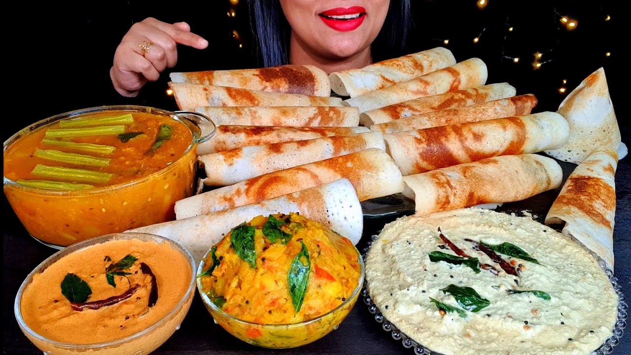 ASMR:CRISPY PAPER DOSA+SAMBAR+SPICY POTATO MASALA+COCONUT+PEANUT CHUTNEY ||ZAKIA-SPICY ASMR