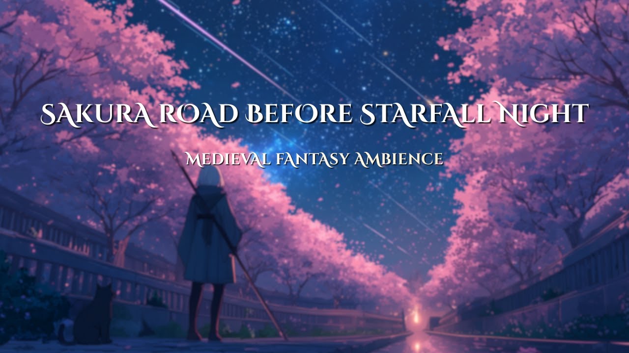 Medieval Fantasy Ambience | Quiet Sakura Road before Starfall Night • Relax & Study