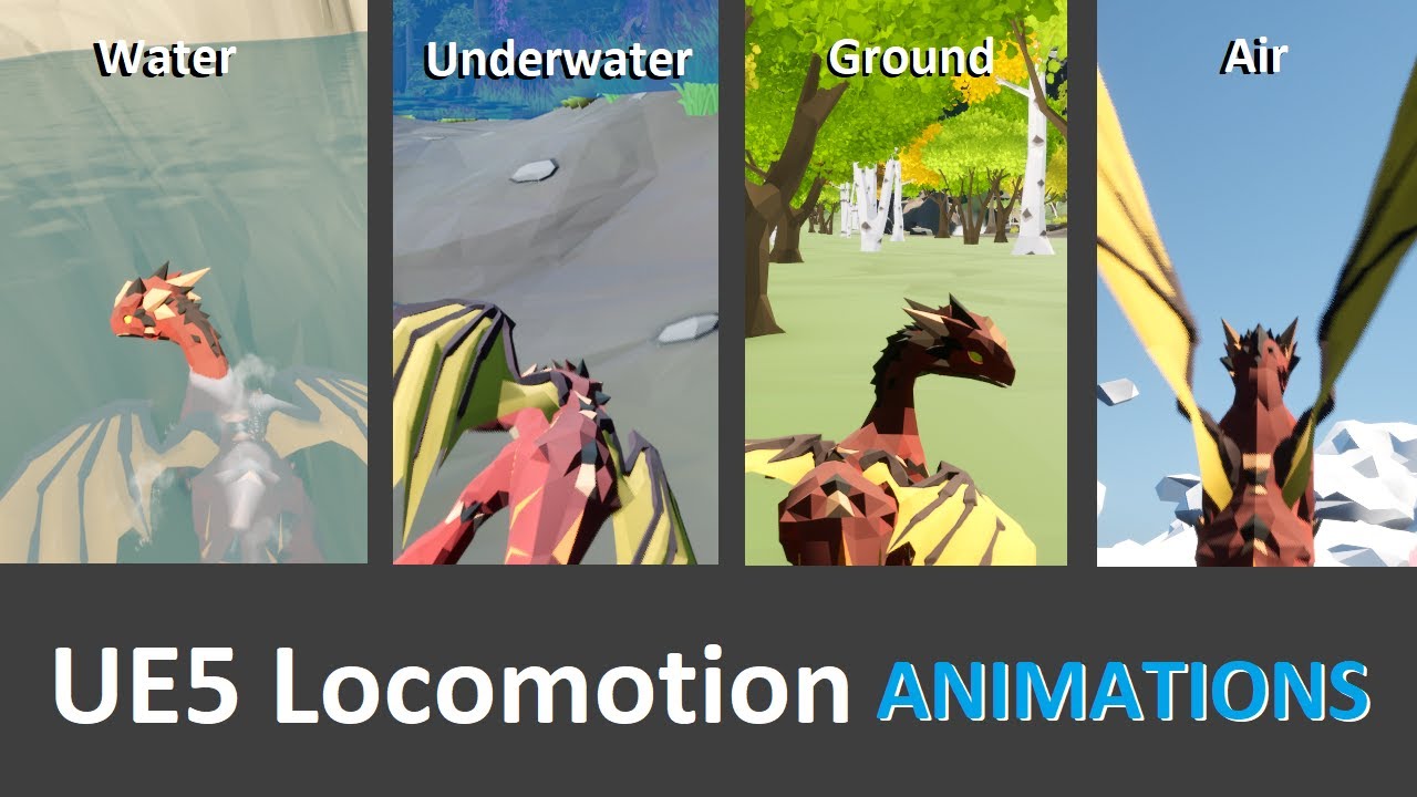 Dragon Travels UE5 Locomotion Animations: Water + Underwater + Ground + Air