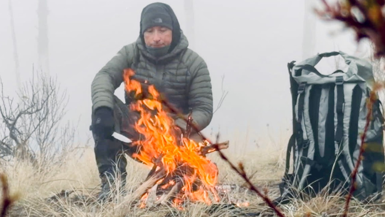 Building a Primitive Shelter and Fire in the Mountains