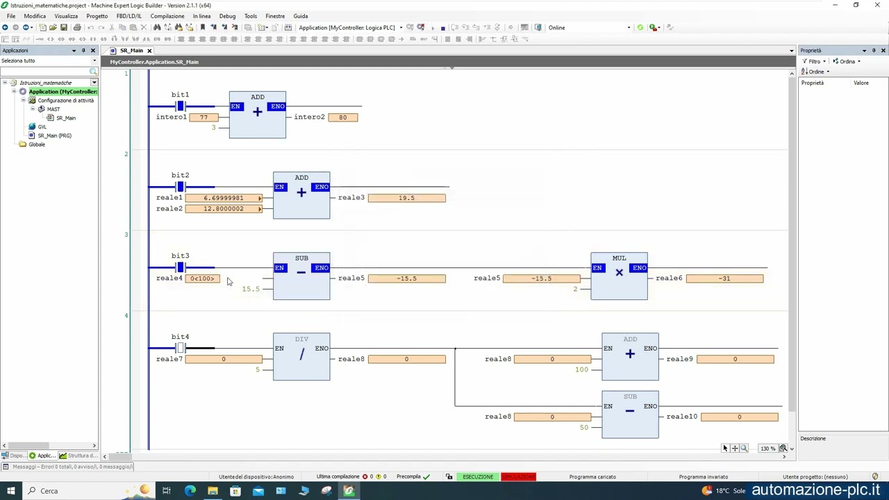 Tutorial di programmazione PLC Schneider Modicon M241: istruzioni matematiche