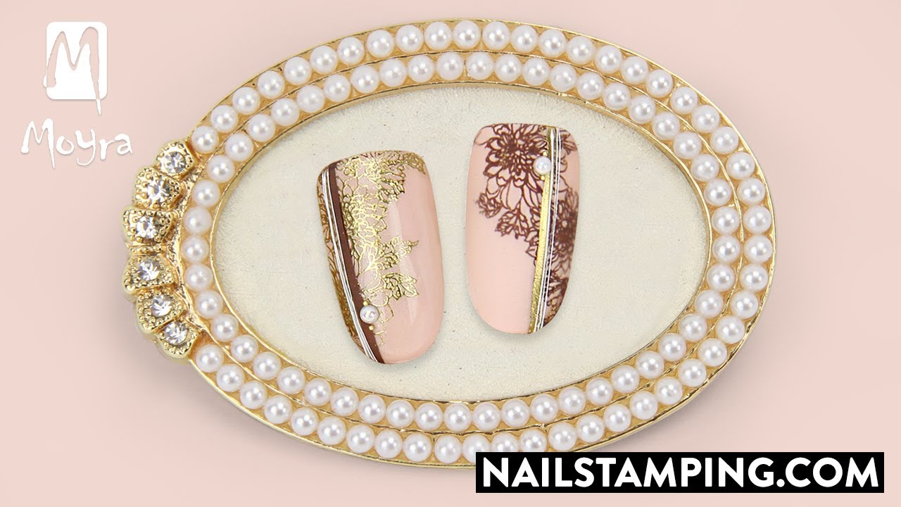 Matte and shiny, gold and brown romantic nail art (nailstamping.com)
