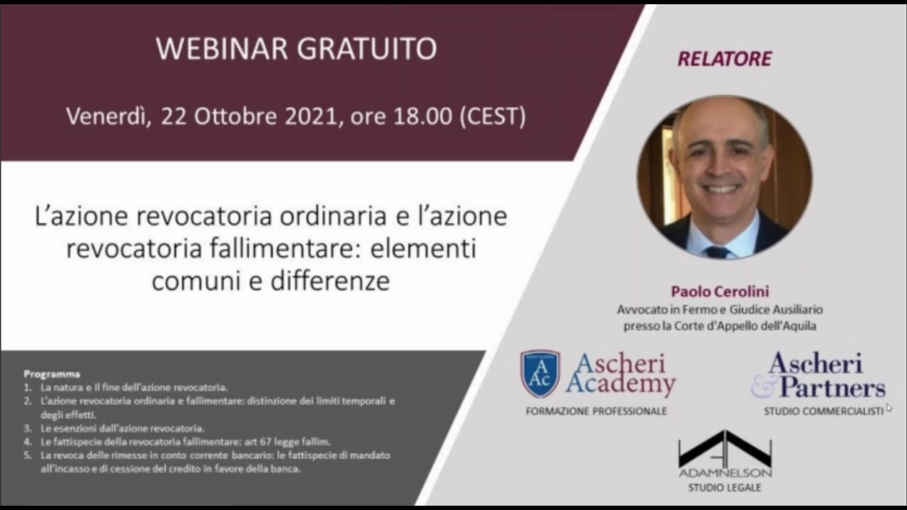 Webinar: L'azione revocatoria ordinaria e l'azione revocatoria fallimentare