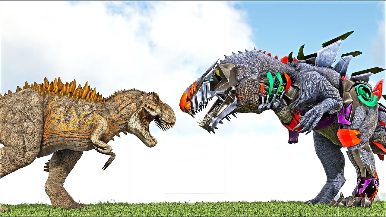 HYBRID CYBER MACROCERCODRACO VS ALPHA 06 JURASSIC PARK BOSS (ARK SURVIVAL EVOLVED BATTLE DINOSAURS)