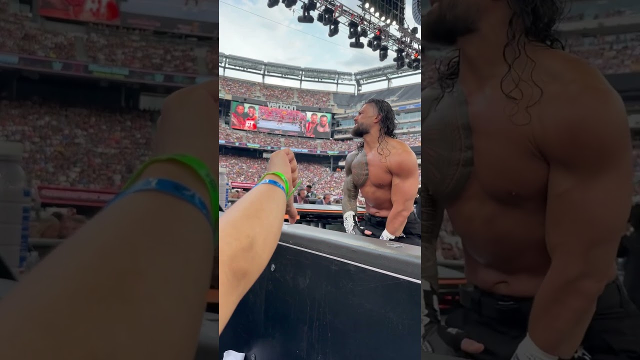 Roman Reigns battles back to his feet despite the thumbs down. #wwe #summerslam #romanreigns