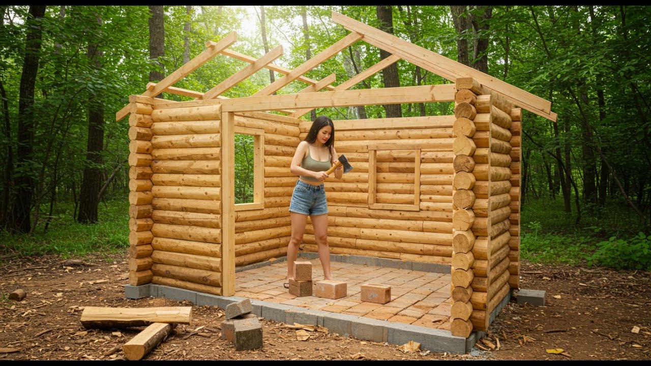 I Spent 7 Days To Built a Cozy Cabin with Sauna Room in Dense Forest - Log Cabin, Survival skills