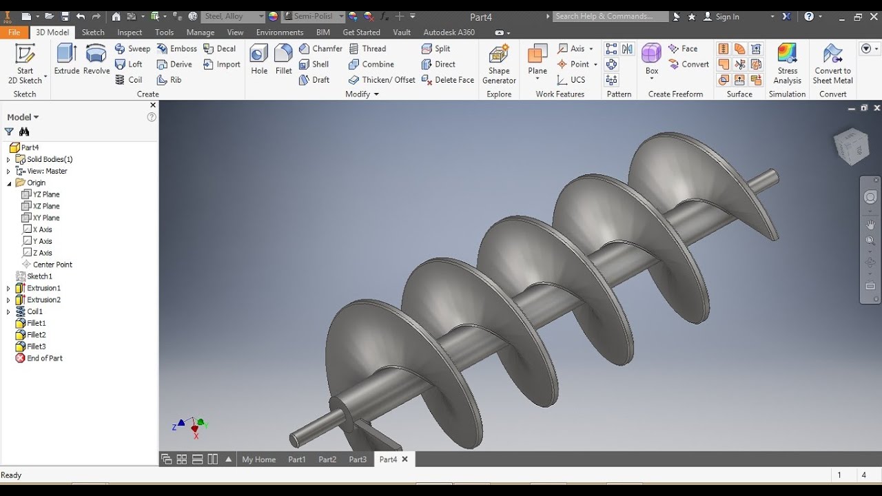 Чертеж бесконечного шнека в AutoCAD Inventor, тип конвейера бесконечного шнека (UNISA - EMO1601)