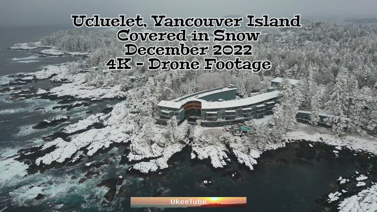 Vancouver Island village of Ucluelet Covered in Snow near Christmas - Drone - 4K