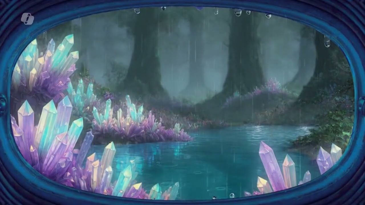 Close Up Window Looking at a Crystal River  with Rain Pouring Down Screensaver / Wallpaper