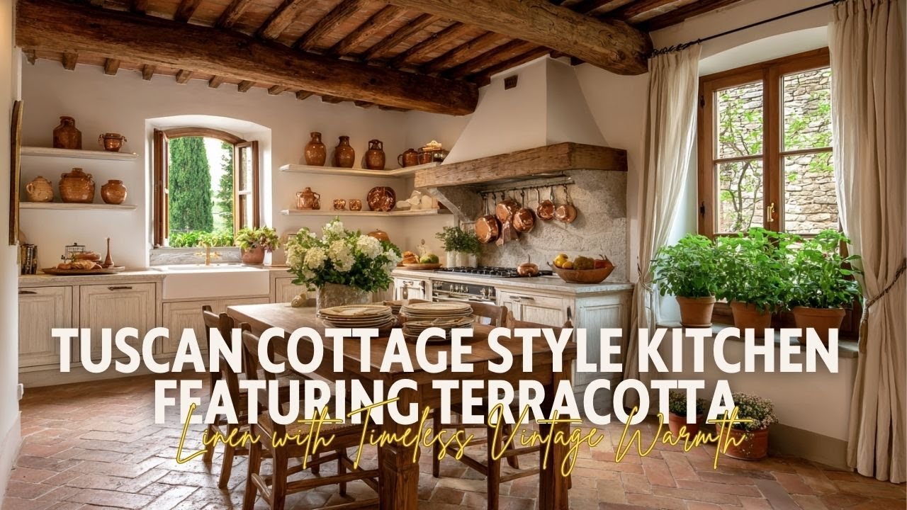 Tuscan Cottage Style Kitchen Featuring Terracotta and Linen with Timeless Vintage Warmth