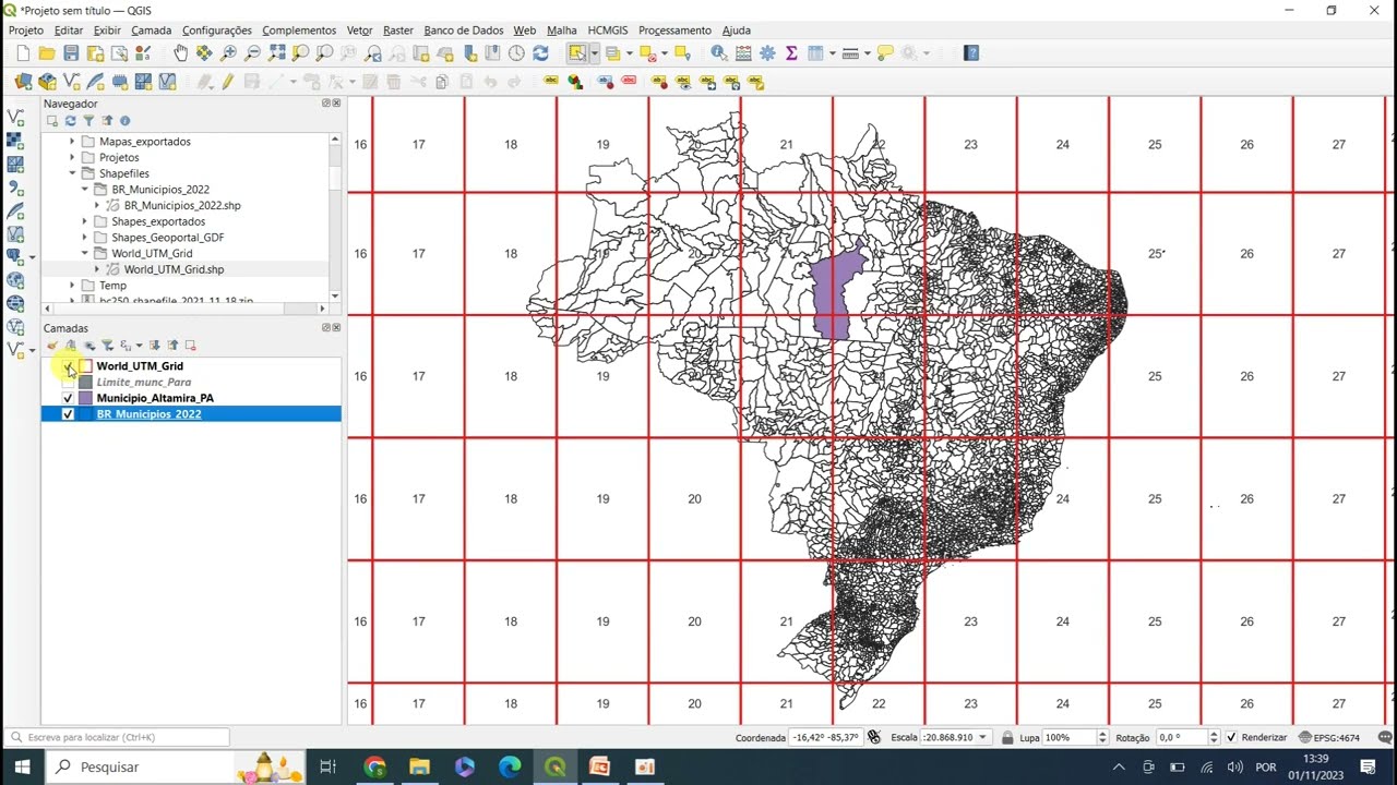 Videoaula 18: Download da grade UTM e do shape de municípios de 2022 e reprojeção para UTM no QGIS