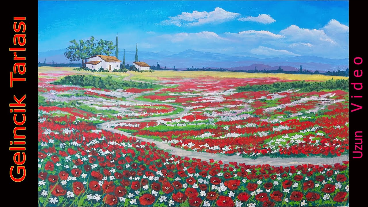 Resim Eğitimi #39 | Manzara Resmi Nasıl Yapılır | Gelincik Tarlası /Acrylic Painting #Akrilik #Resim