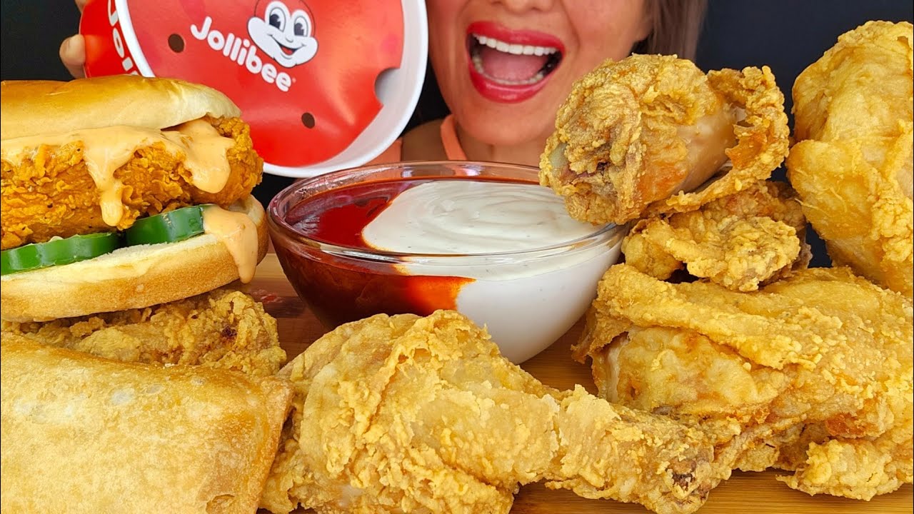 CRUNCHY FRIED CRISPY JOLLIBEE CHICKEN 2×FIRE SAUCE ASMR MUKBANG OMAD MESSY EATING NOISES BIG BITES