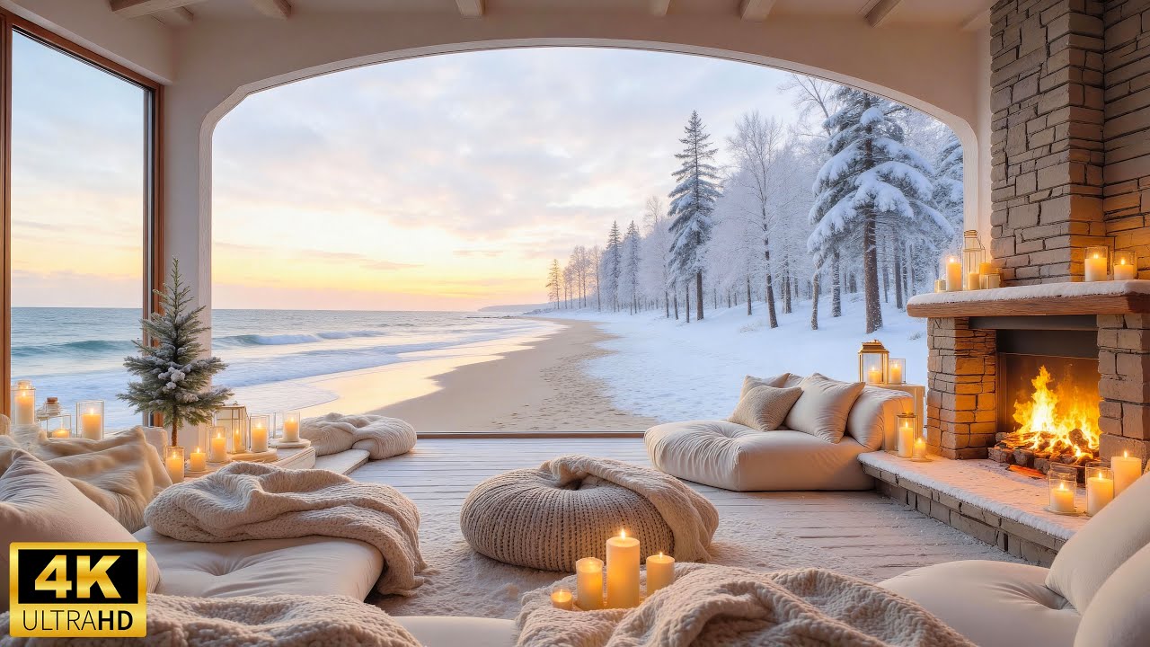 Winter Snow Ambience ❄ Peaceful Piano Music with Crackling Fireplace & Ocean Sounds for Calm & Focus