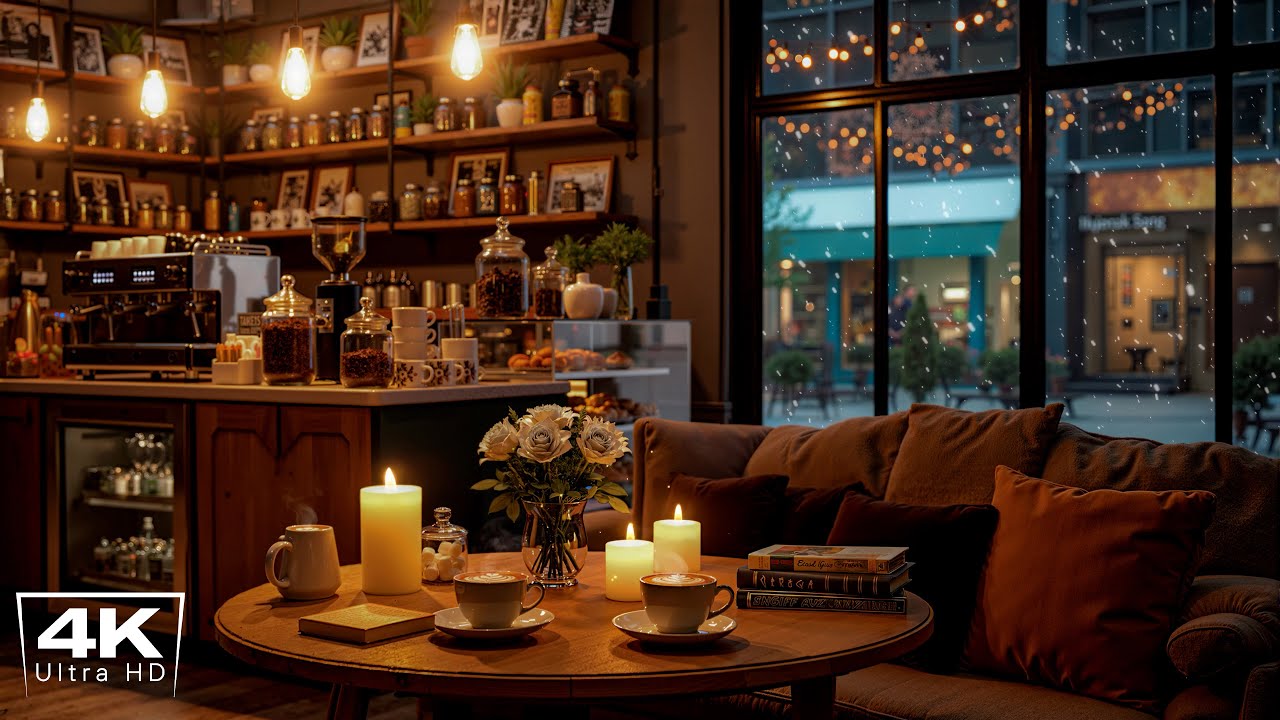 [4K] Smooth Jazz Music & Relaxing Winter Night ❄ Cozy Coffee Shop Ambience with Snowfall for Work