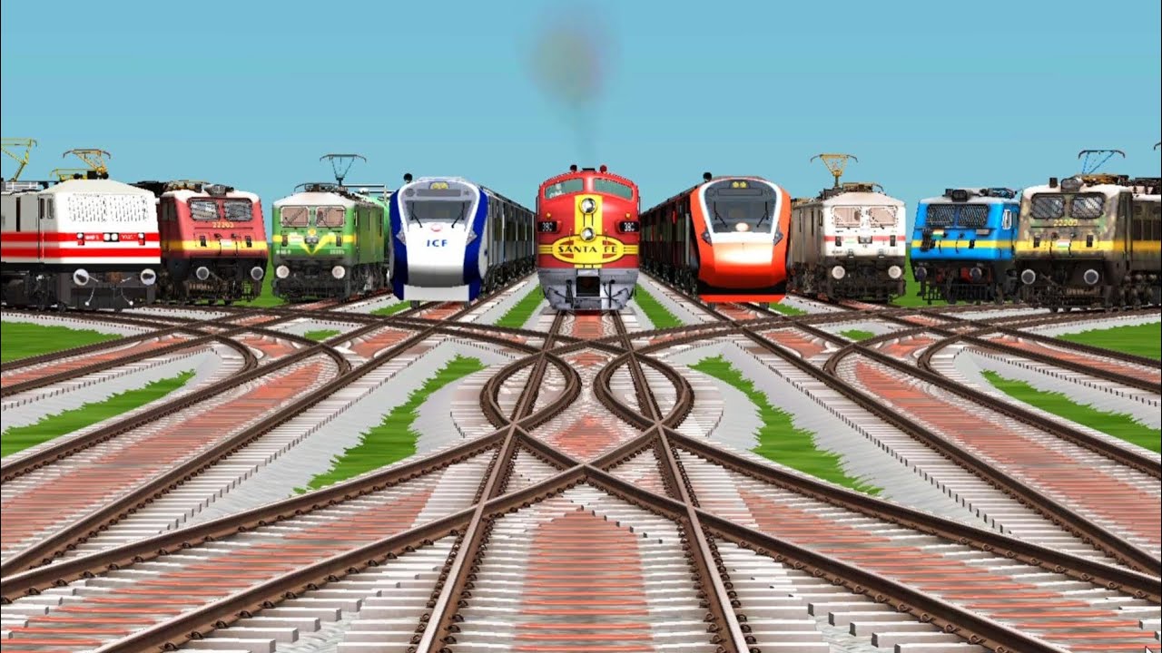 9 🔺 High Speed Trains Crossing By Bumpy Forked Railroad Tracks || Train Gameplay || Train Simulators
