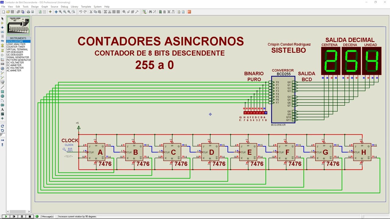 Contador Descendente Asíncrono de 8 bits con Flip-Flop J-K TTL7476 [sistelbo.cd44]