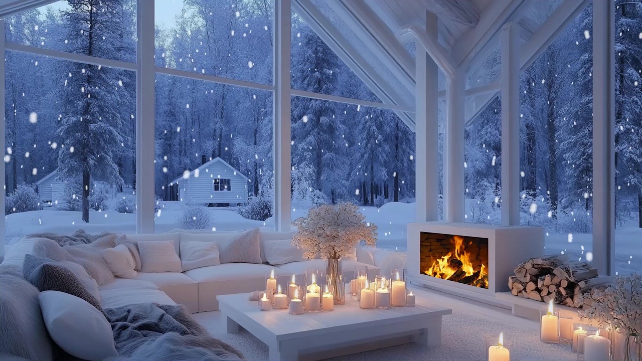 🎹 🎼Winter White Lounge Piano | Cozy Fireplace & Snow Window | Relax Focus Study Calm Sleep