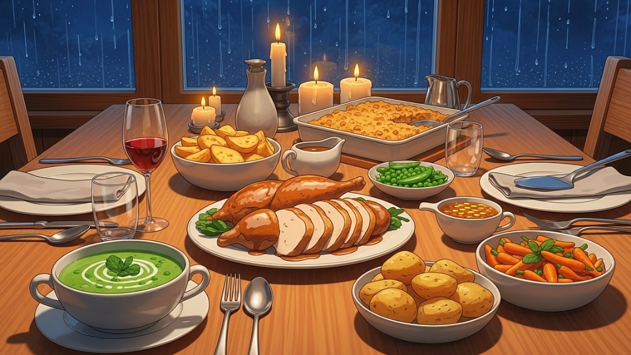 living alone in switzerland: rainy day cooking asmr, new year’s eve home dinner - ghibli style video