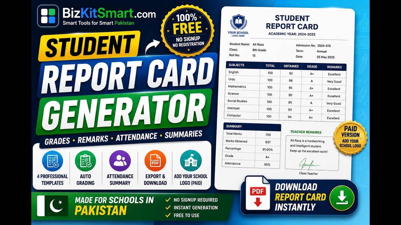 Free Student Report Card Generator &mdash; Auto Grading, 4 Templates, PDF Download | BizKitSmart