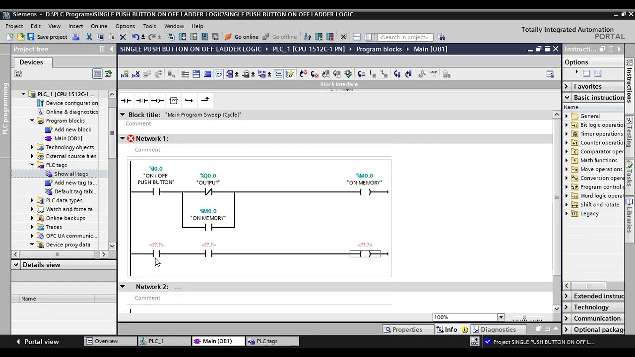 Single Push Button Start/Stop Ladder Logic Diagram using Siemens TIA Portal