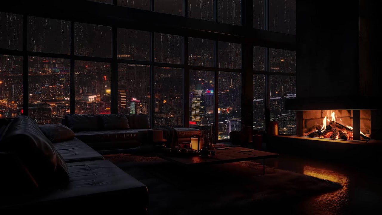 Entspannende Nächte in der Stadt: Kaminfeuer und Regengeräusche mit Blick auf die Stadt 🌧️🔥