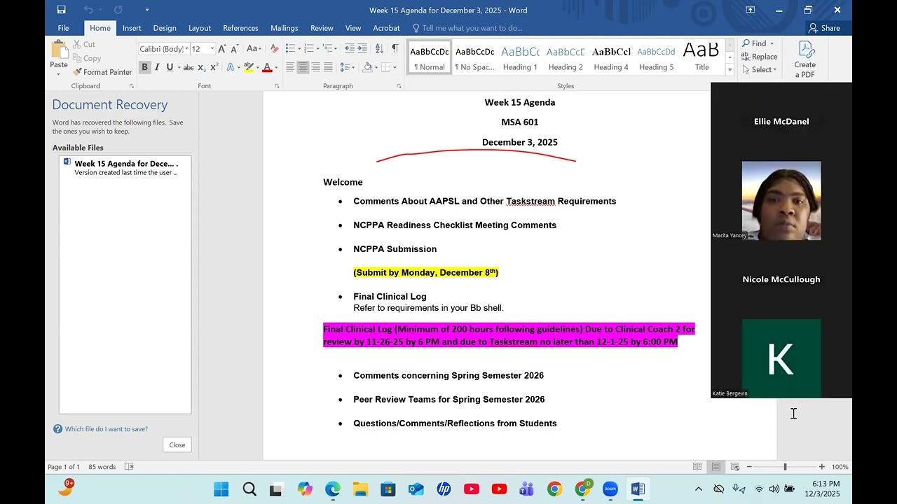 Week 15 16 Zoom Class Video for December 3, 2025