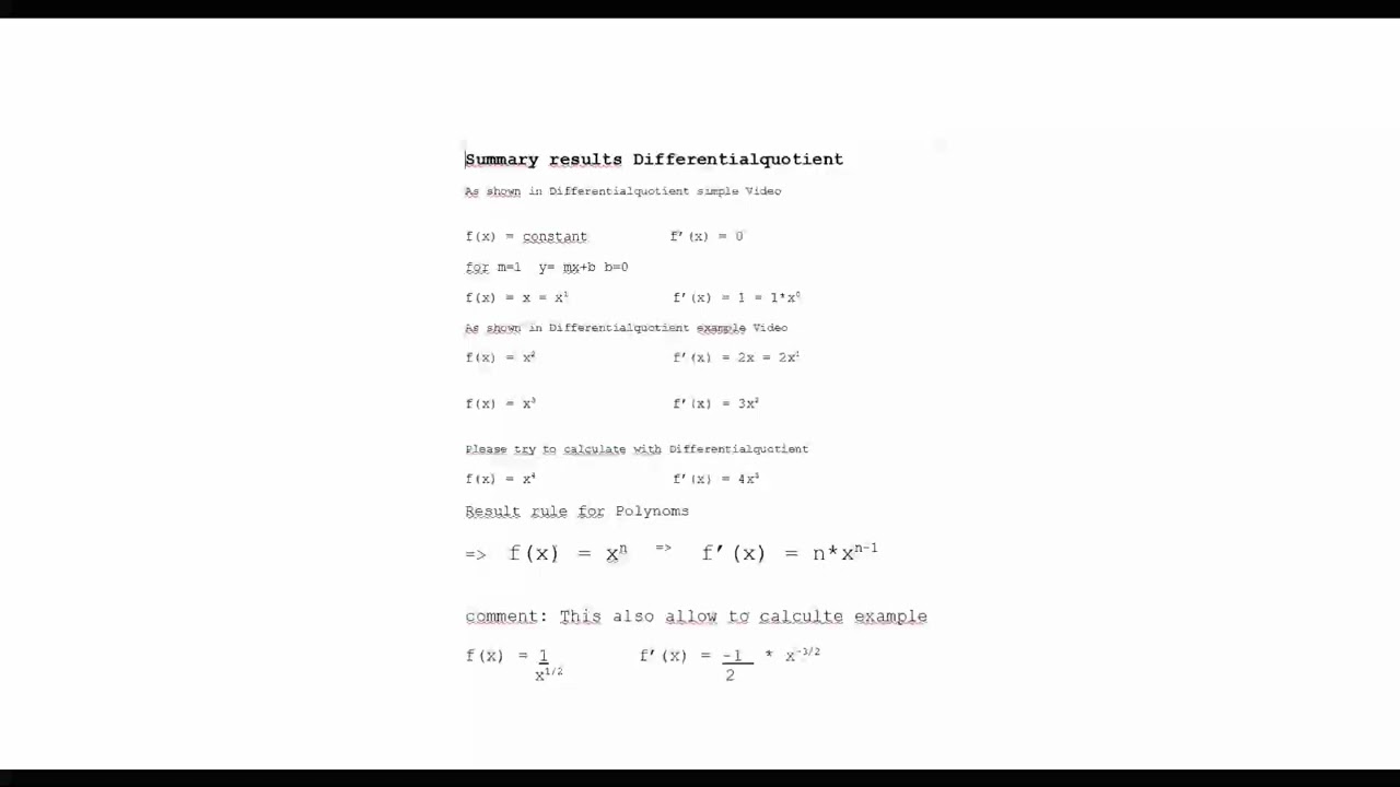 Summary Differentialquotient and rule to derivate polynomical