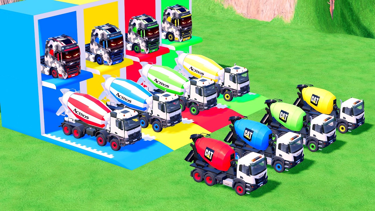 Garage with Colors - ALL MIXER TRUCK WITH DOUBLE FLATBED TRAILER TRUCK, MERCEDES, LIZARD, NISSAN