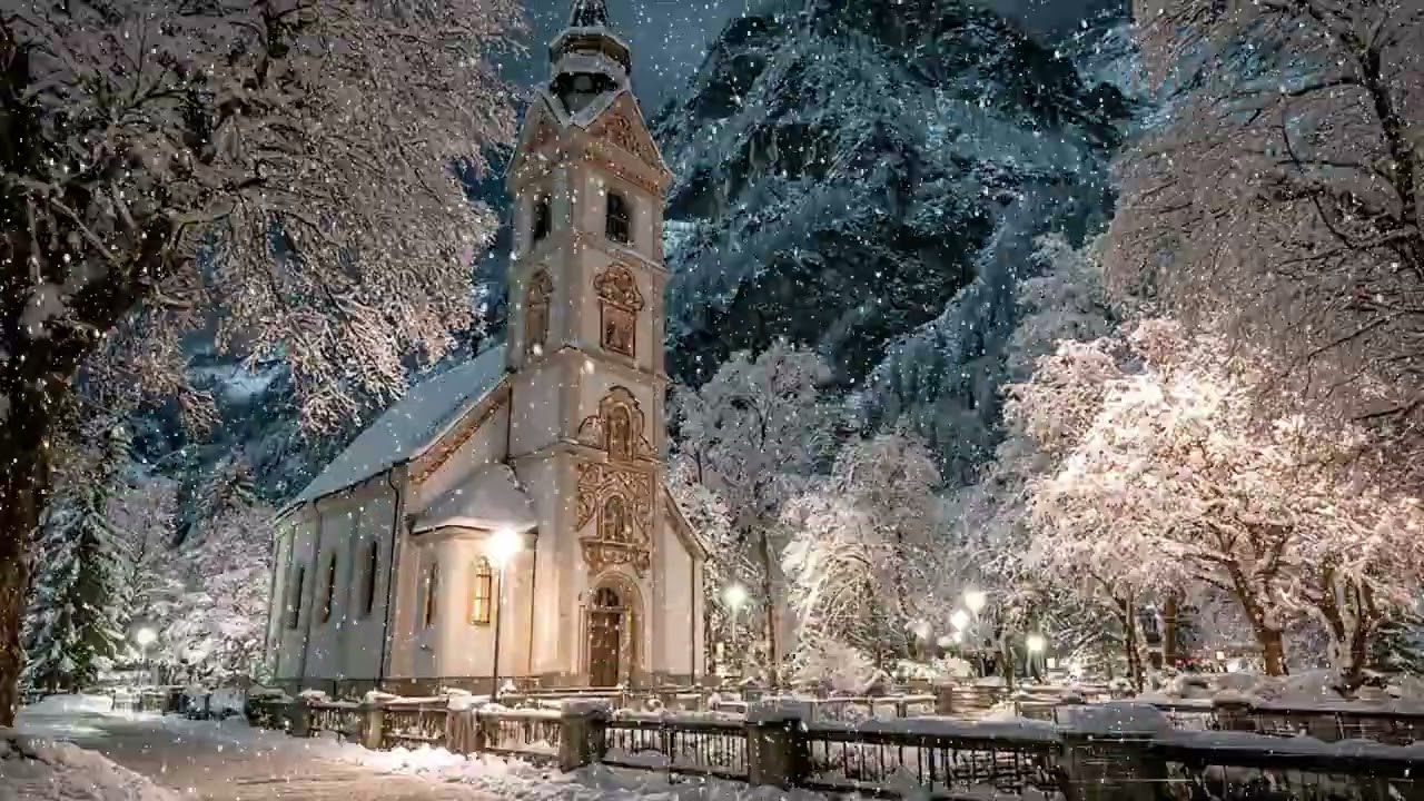 Silent Winter Church ❄️ Snowfall in a Mountain Village | Peaceful Night Ambience