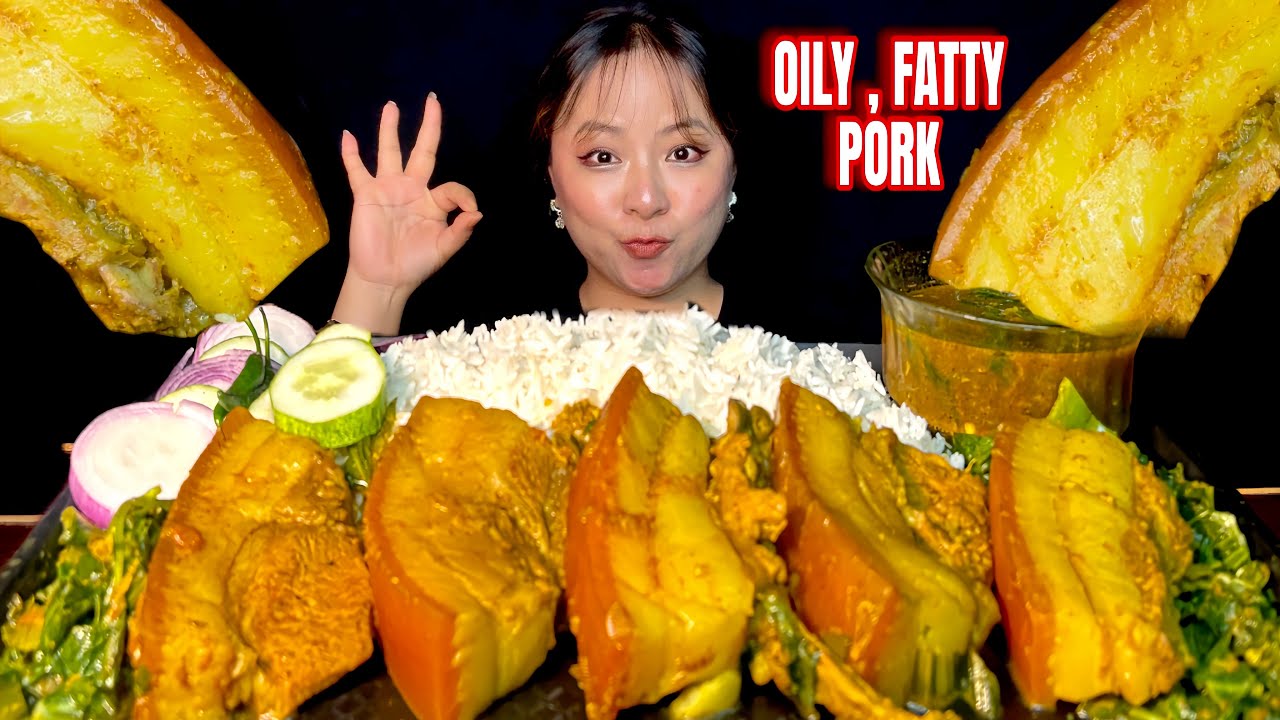 PORK MUKBANG! OILY FATTY PORK WITH RICE & RAYO KO SAAG! #pork #mukbang #eatingshow 