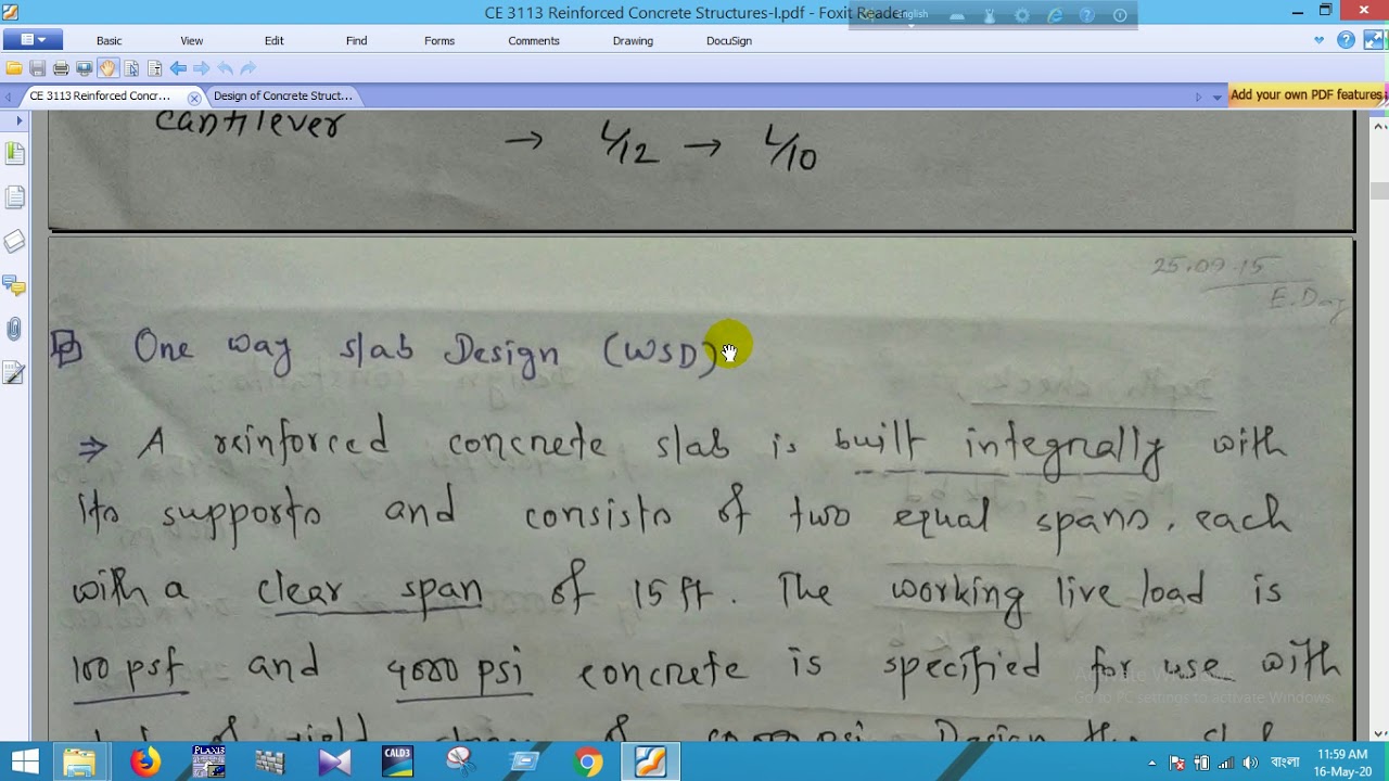 RCC I One way slab design WSD Method Part 1