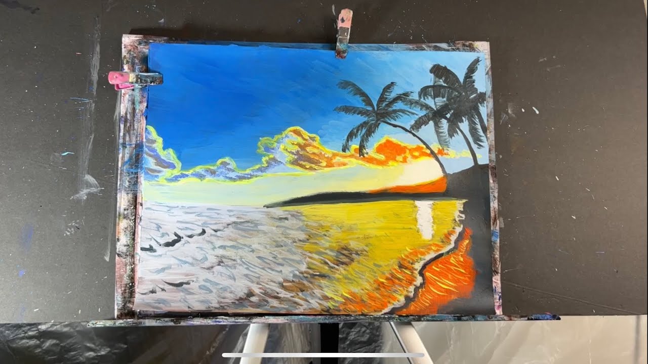 How to paint a sunset over the ocean by M Stewart Paintings acrylic painting tutorial follow along