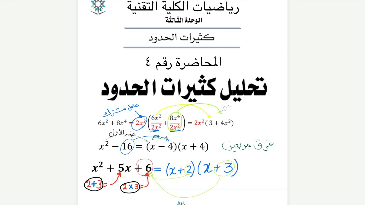 تحليل كثيرات الحدود بجميع أنواعها 🧩 | العامل المشترك، فرق المربعين، والمقدار الثلاثي | رياضيات ١٠١