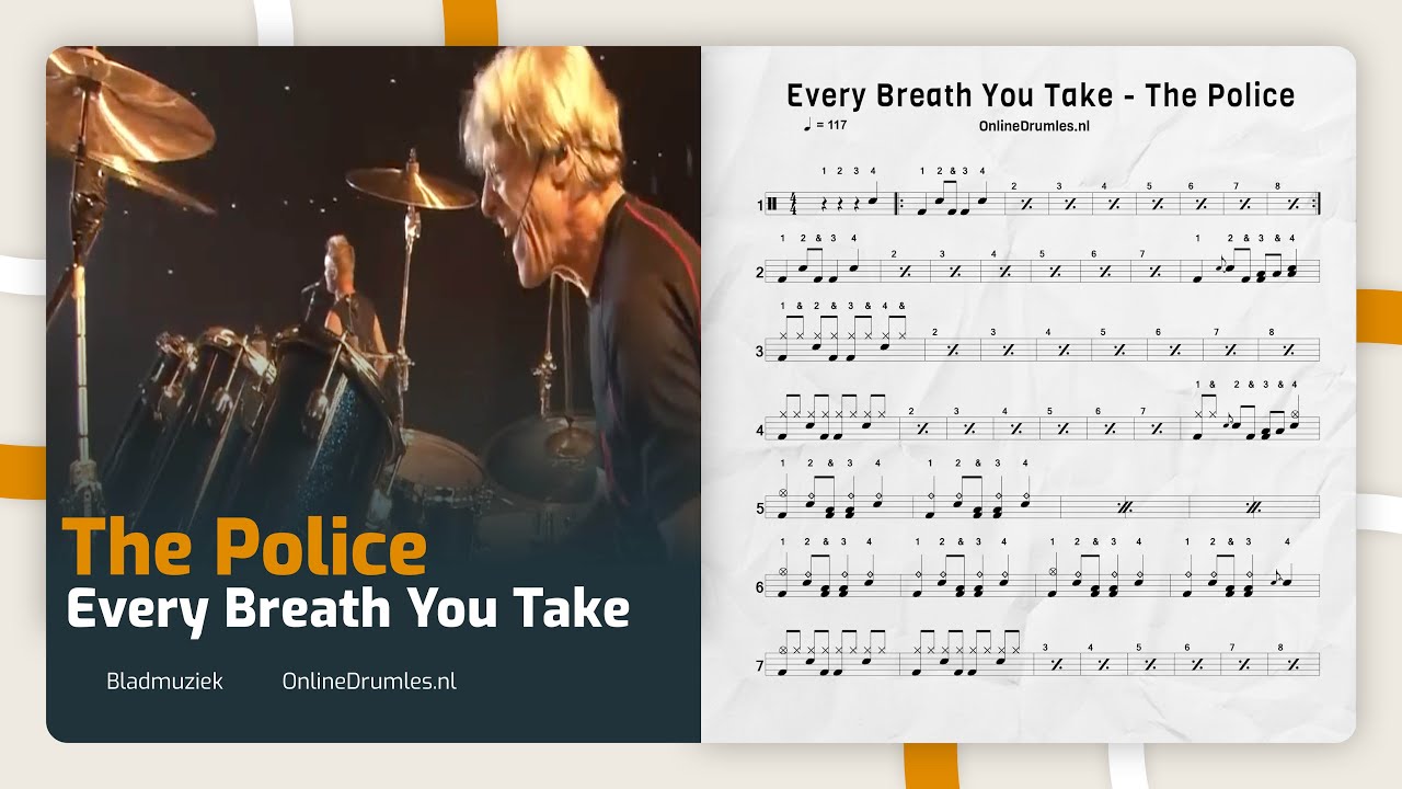 Drum Bladmuziek uitleg en meespelen met Every Breath You Take - The Police - Online Drumles