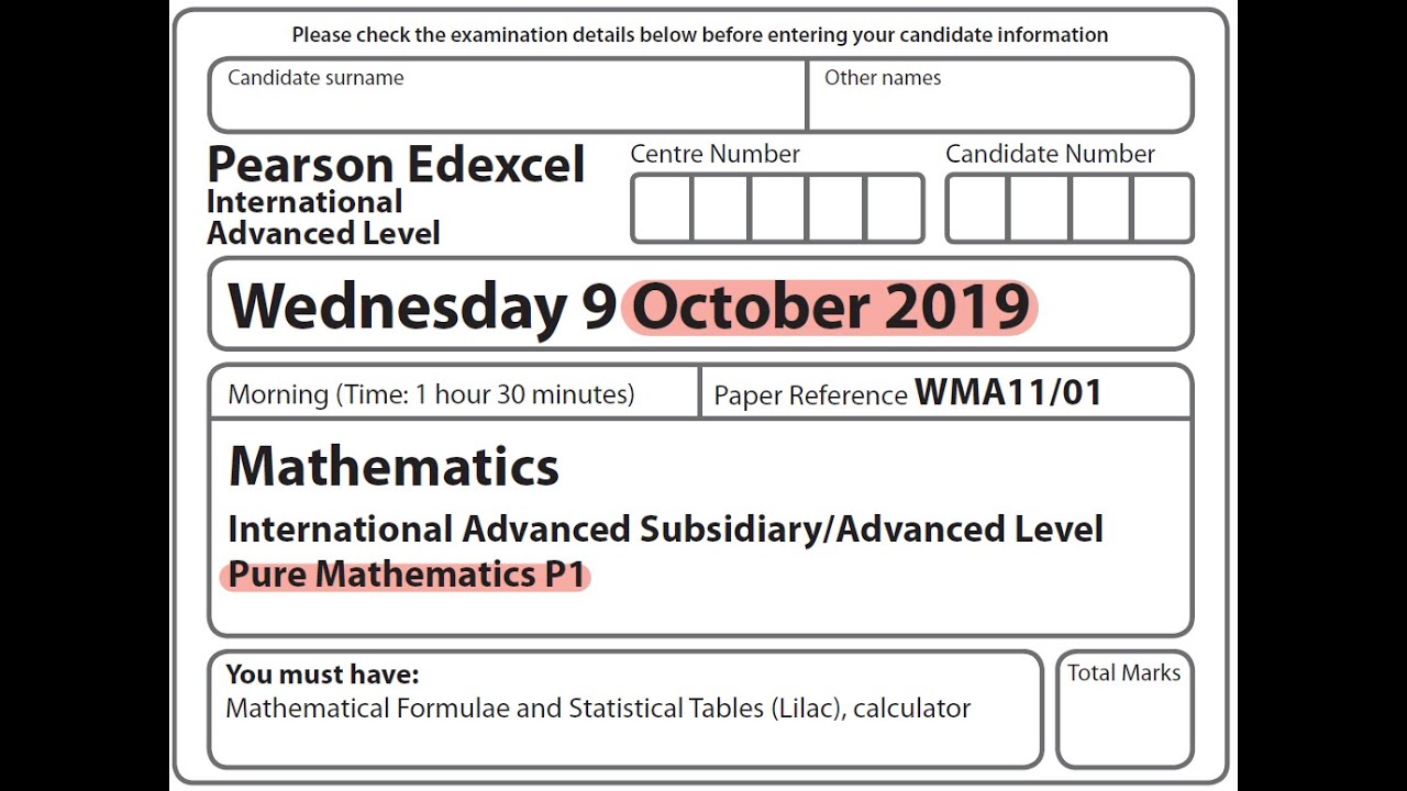 Edexcel IAL Maths - P1 - октябрь 2019 г.