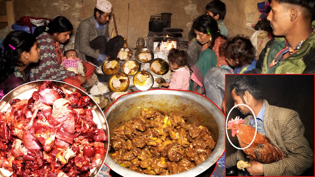 chicken curry at dinner after praying stone God || dharme brother family || village cooking recipe