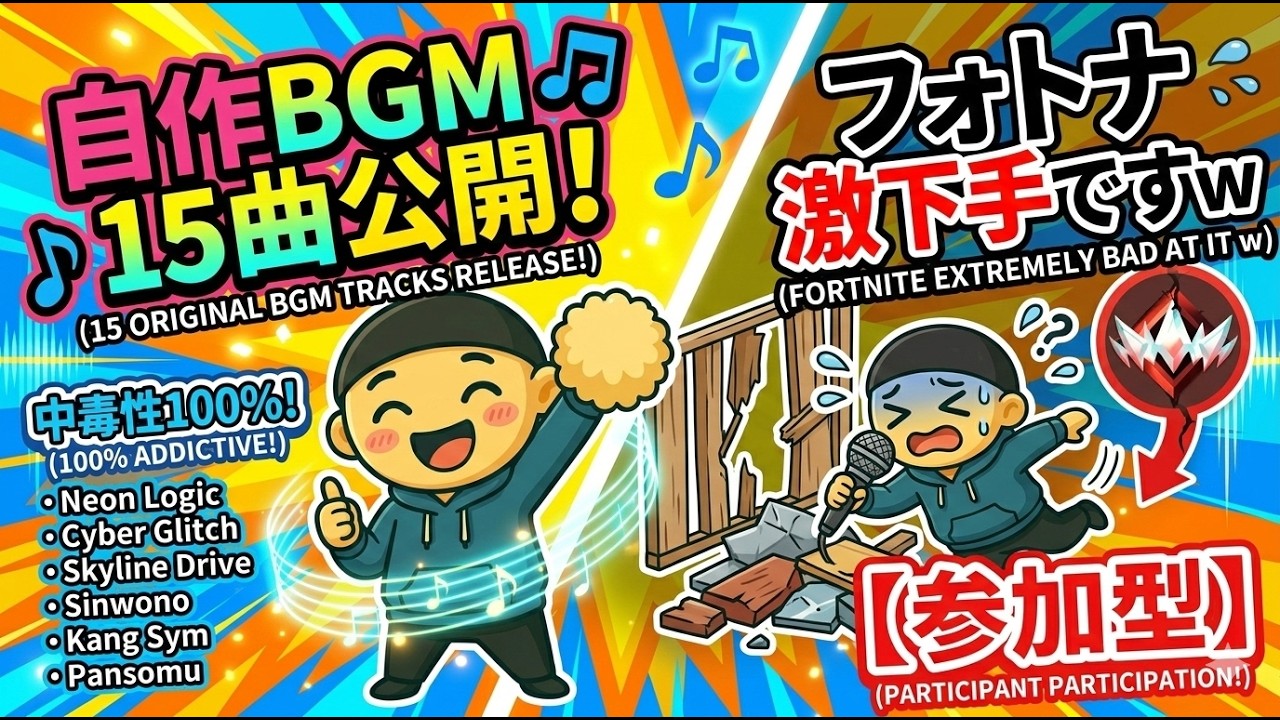 自作BGM15曲公開！でもマイク優先の別部屋だからフォトナ激下手ですｗ【参加型】【フォートナイト】