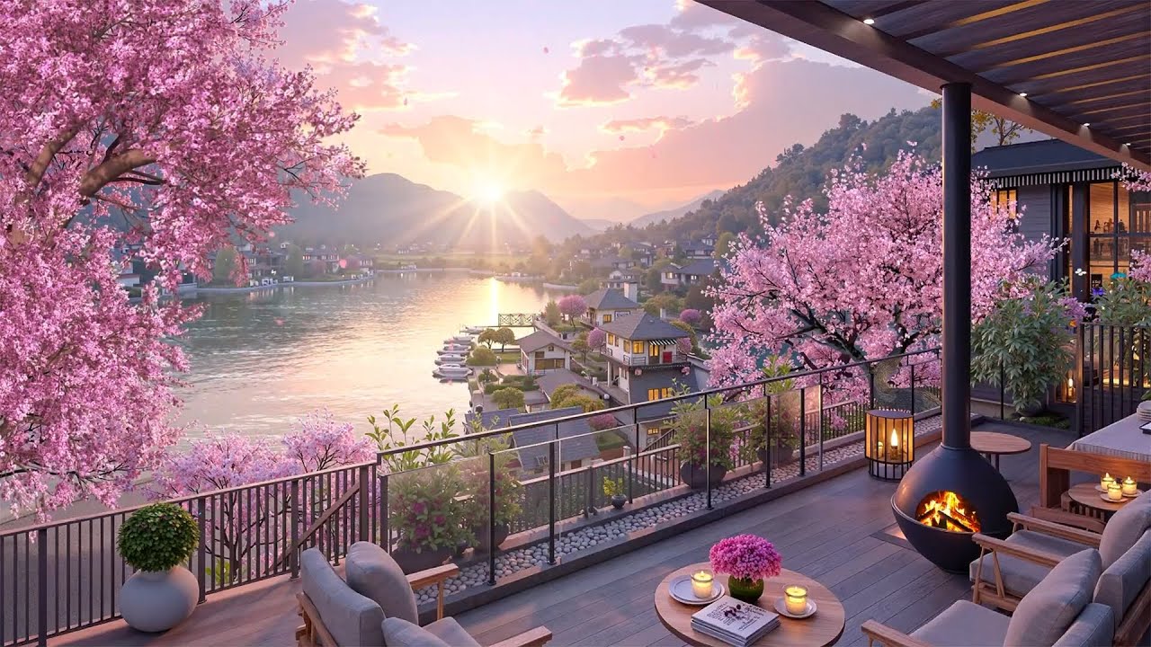 Relaxing Jazz Morning on a Coffee Terrace by the Lake | Peaceful Spring Retreat with Cherry Blossoms