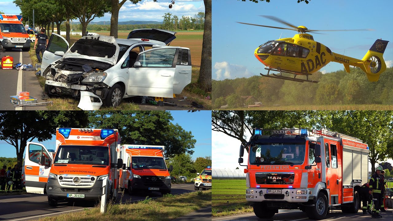 Lampertheim: Auto kracht gegen Laterne und Baum – 7 Verletzte | Rettungshubschrauber im Einsatz