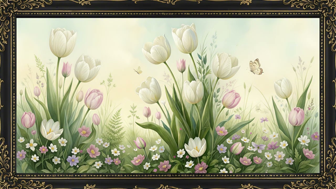 White Tulip Meadow Floral Art | Soft Spring Flowers for Frame TV & Relaxing Decor