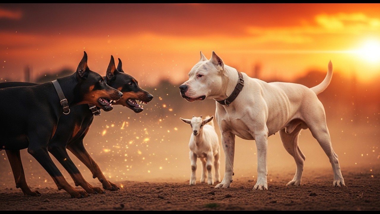 Dos Doberman Contra el Dogo Argentino Protector ... La Batalla por la cría de cabra