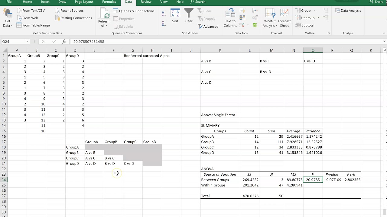 Stats: Bonferroni-corrected Multiple Comparisons following One-way ANOVA in Excel