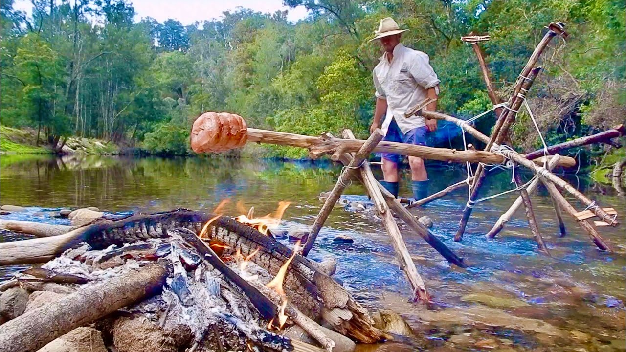 Australian Bushcraft And Bass Fishing Camping Adventure... Water Wheel Rotisserie...