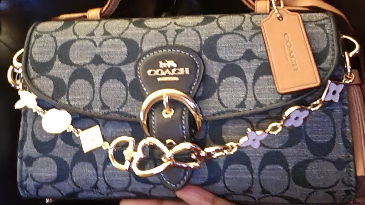 coach denim kleo top handle unboxing, what fits, and charms #coachoutlet #coach
