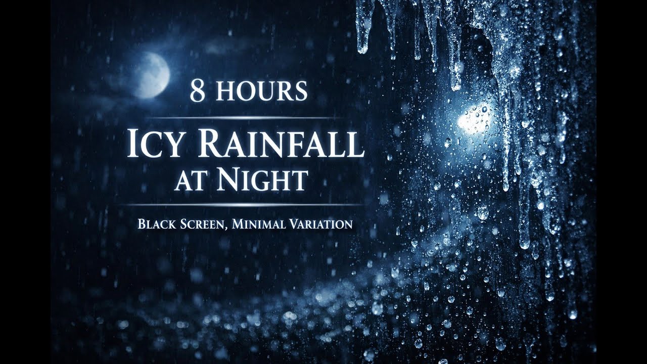 8 Hours Icy Rainfall at Night – Black Screen, Minimal Variation | Still Night Audio