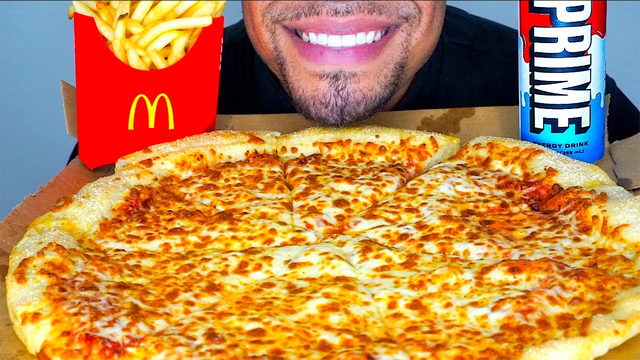 LITTLE CAESARS EXTRA CHEESE PIZZA MCDONALDS FRIES PRIME ENERGY DRINK MUKBANG ASMR NO TALKING JERRY