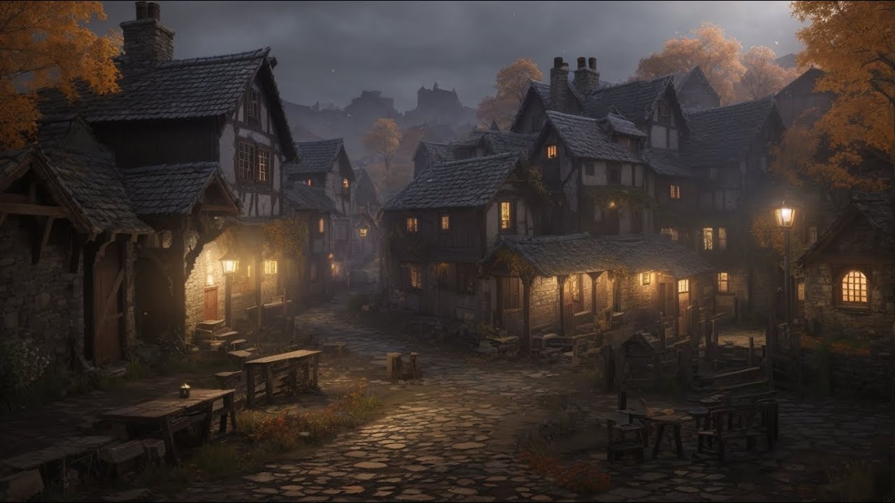 Dark Night Medieval Town Fall Rainy Ambience - Rain, Crow, Nature Sounds for Relaxation,Sleeping 🍁🎵