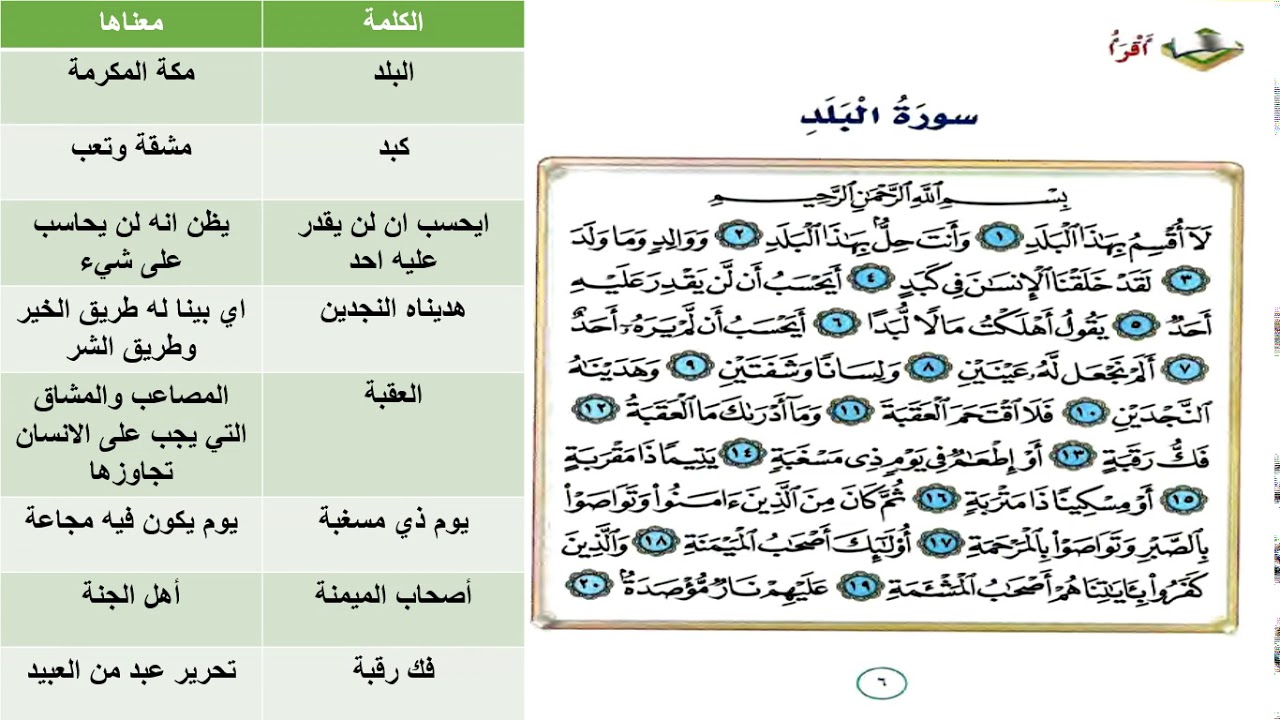 مدارس اكسفورد،القسم الدولي،لغة عربية،الصف الثالث، اقرأ درس سورة البلد،هبة مصلح
